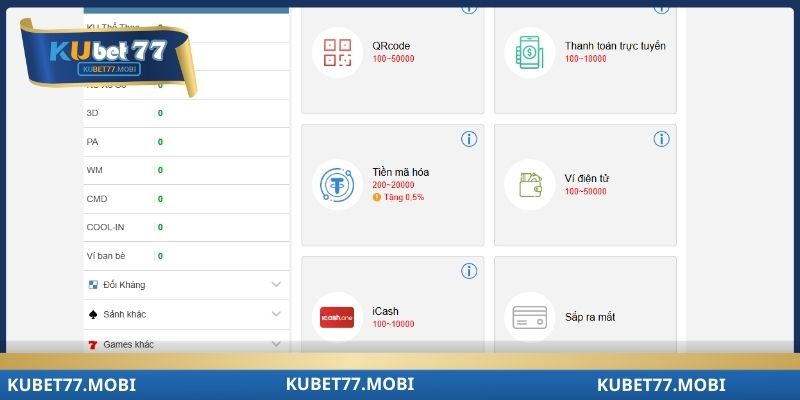 Hướng dẫn các phương thức nạp tiền Kubet77